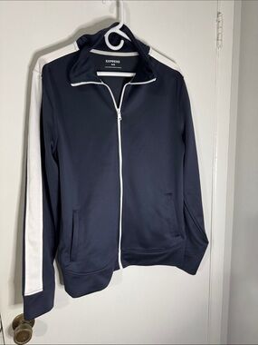 Express Men’s Medium Navy Blue Zip Track Jacket with White Stripes